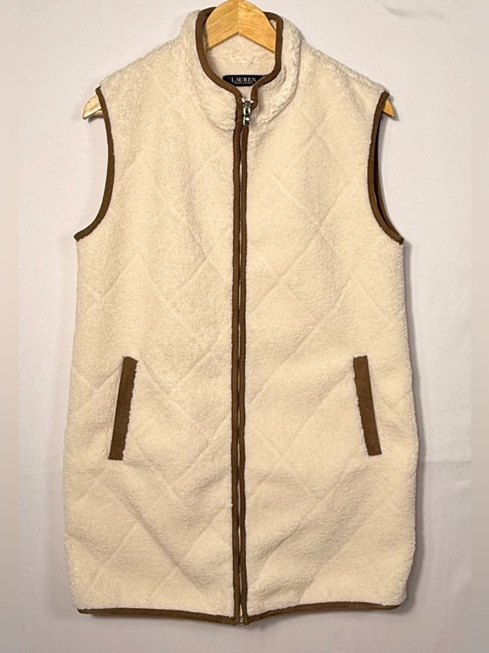 Lauren Ralph Lauren Cream Sherpa Vest with Brown Trim